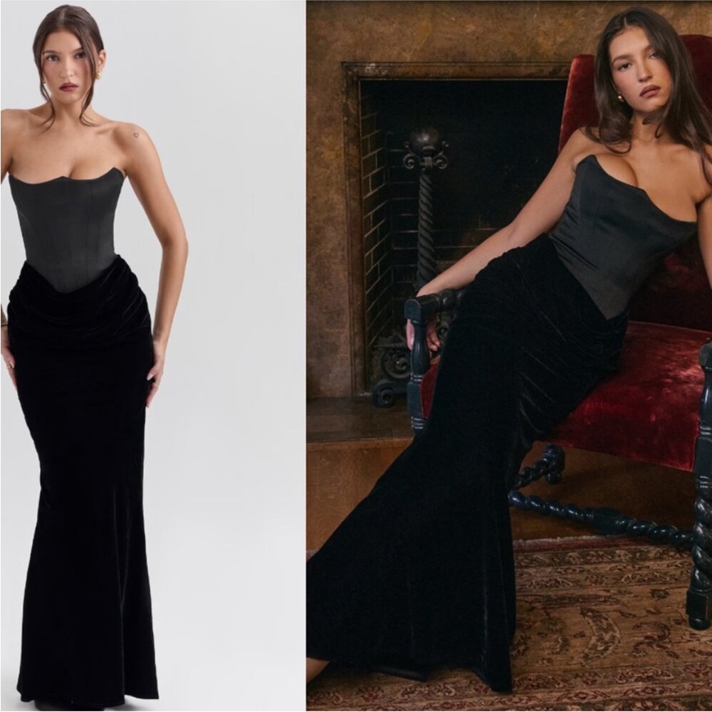 House of CB Persephone Black Velvet Strapless Corset Maxi Dress M Cup A-C NWOT